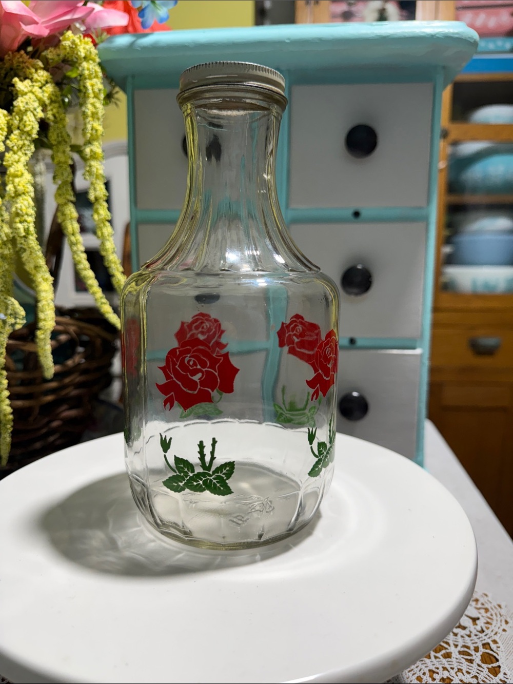 vintage Duraglas glass juice jar with lid res roses